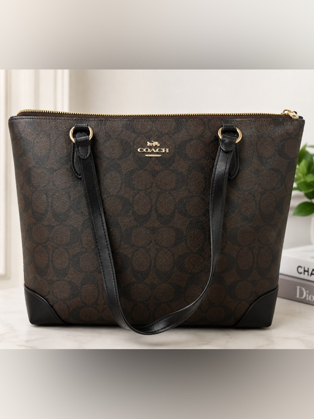 Coach Brown Signature Tote with Black Trim and Gold Hardware - Picture 1 of 4